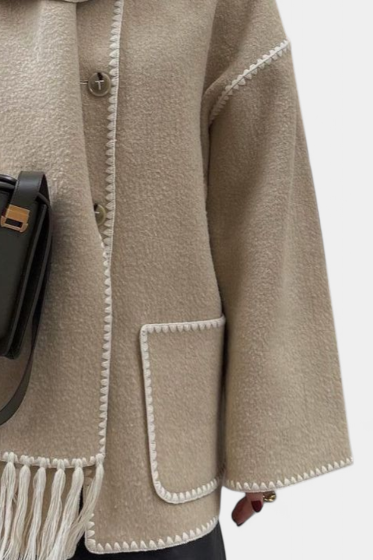 Pauline Coat Featuring Built-In Scarf and Flowing Design