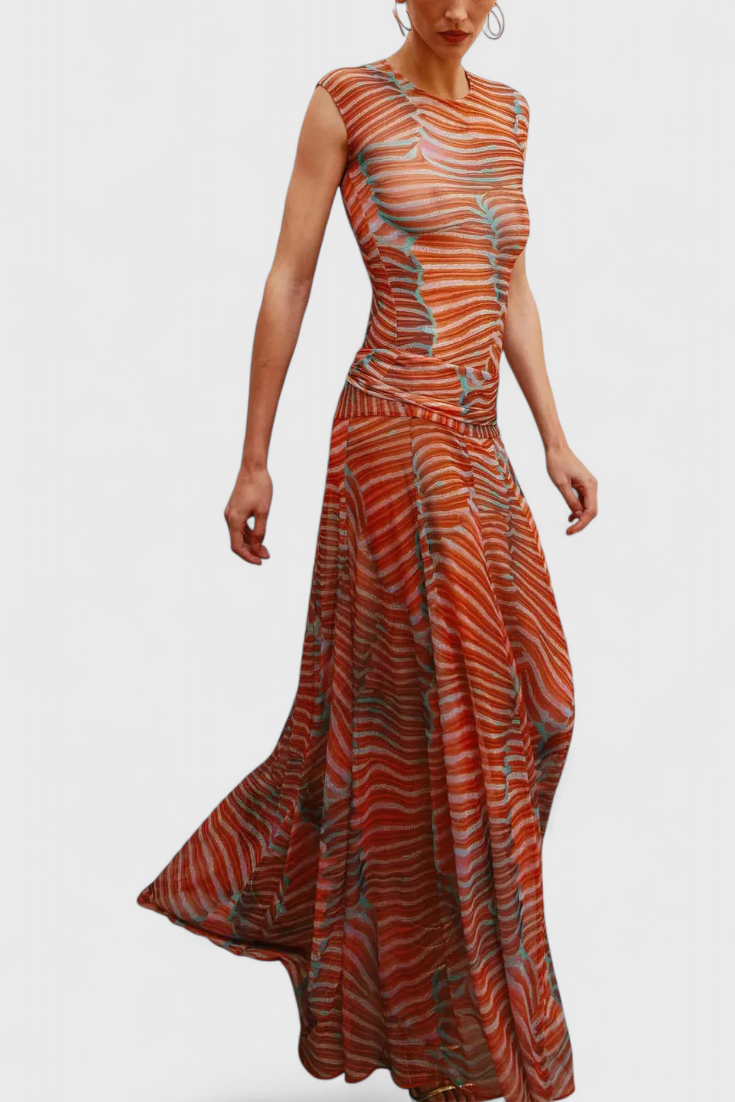 Silvina Set in Vibrant Psychedelic Wave Print with Flowing Midi Skirt