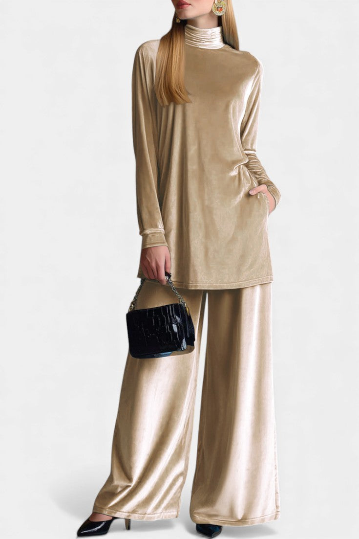 Tifenn Velvet High-Top and Split Pants Set with Elevated Collar