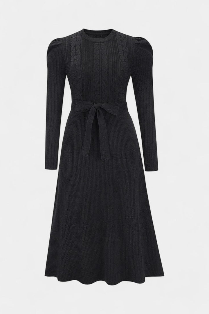 Évoria Puff Sleeve Knitted Midi Dress with Lace Accents