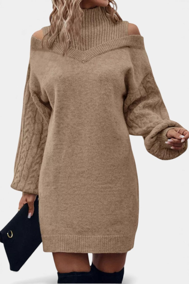 Léonisse Off-Shoulder Mini Knit Dress with High Collar