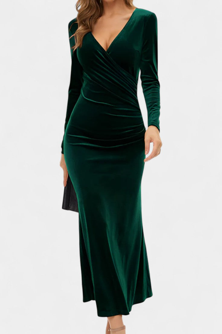 Hesperia Asymmetrical Ruching Velvet Dress with Mermaid Hem