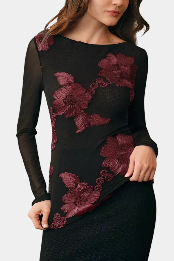 Floral Textured Blouse with Boat Neck and Long Sleeves by Ninon