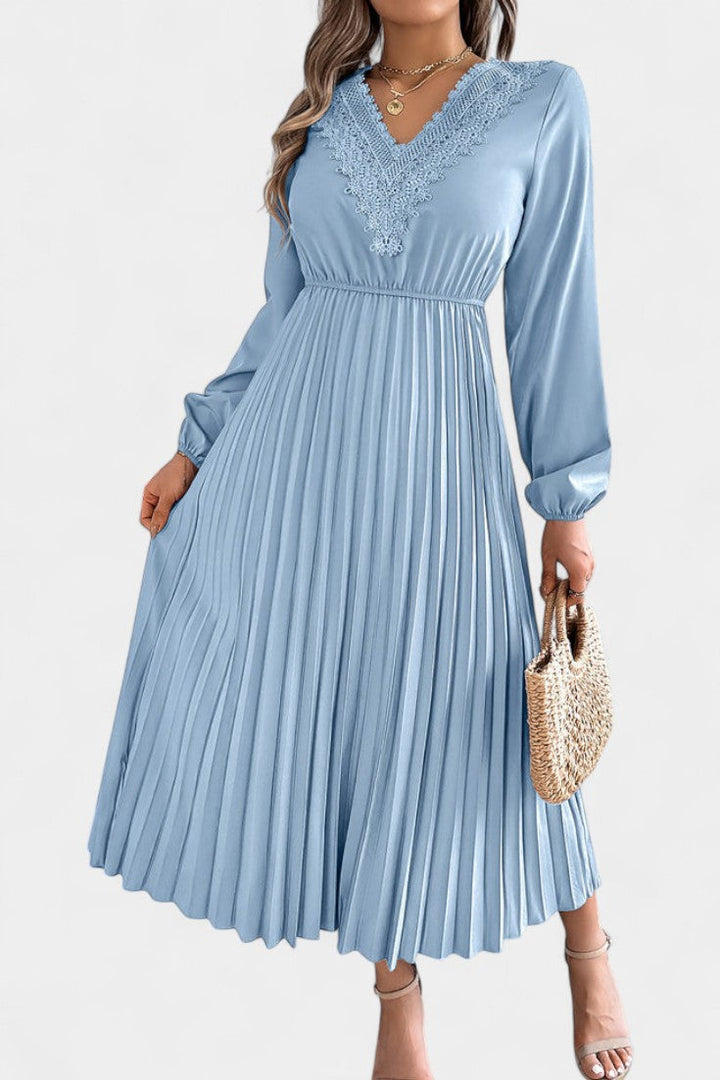 Séverine V-Neck Lace Dress with Long Puff Sleeves and Pleated Design