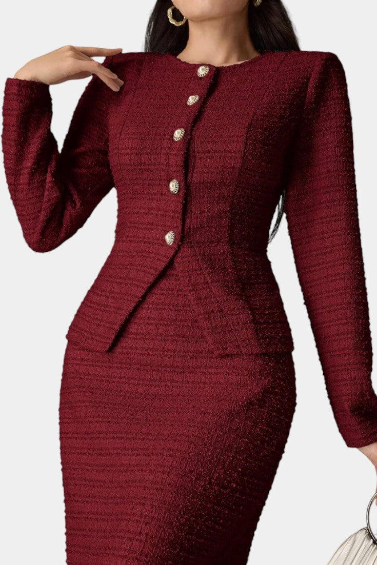 Véronique Two-Piece Tweed Ensemble – Round Neck Blouse with Midi Mermaid Skirt