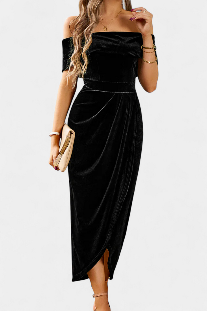 Geneviève Off-Shoulder Midi Velvet Dress with Side Slit