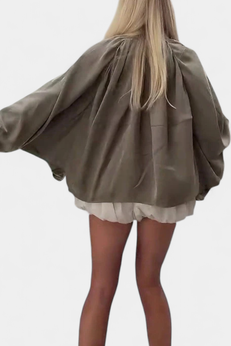 Olive Maude Blouse with Puff Sleeves and Structured Design