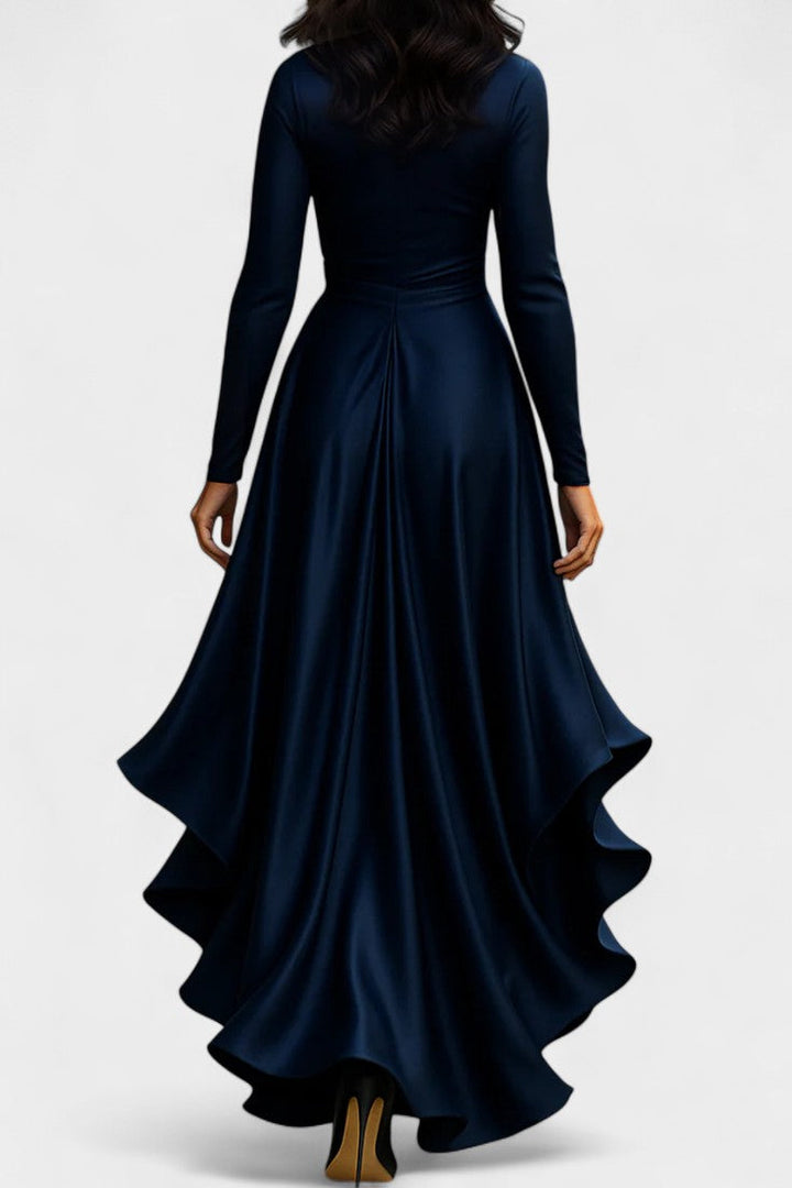 Isabeau Satin Dress Featuring Ruffled Hem and Adjustable Waist Belt