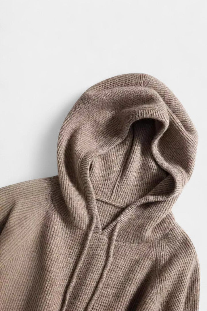 Agnella Hip-Length Ribbed Hoodie Sweater with Drawstrings