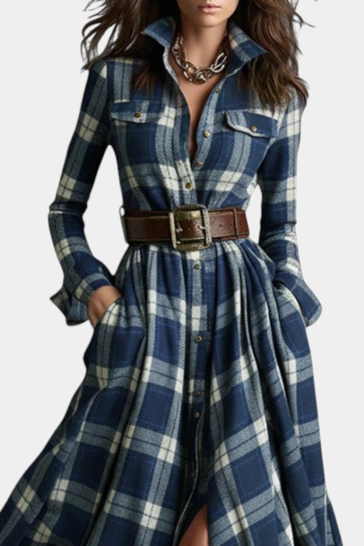 Eustelle Blue Plaid Maxi Dress with Collar