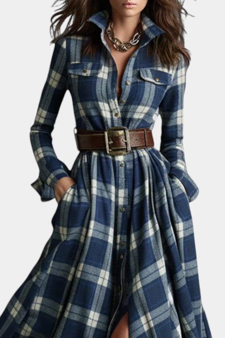 Eustelle Blue Plaid Maxi Dress with Collar