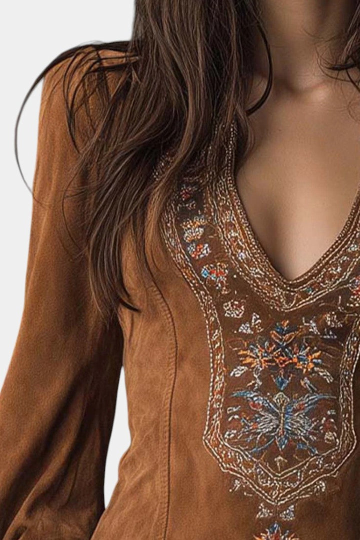 Embroidered Suede Anceline Mini Dress with a Vintage Flair