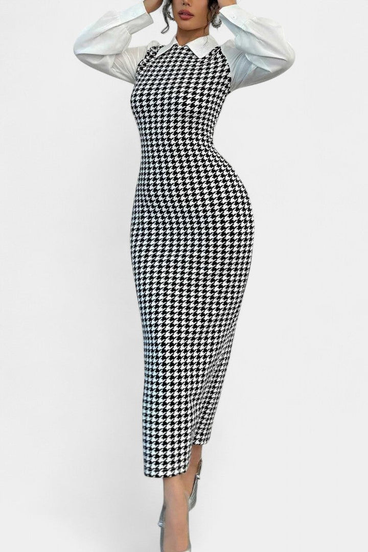 Houndstooth Print Claire Maxi Dress with Puff Sleeves