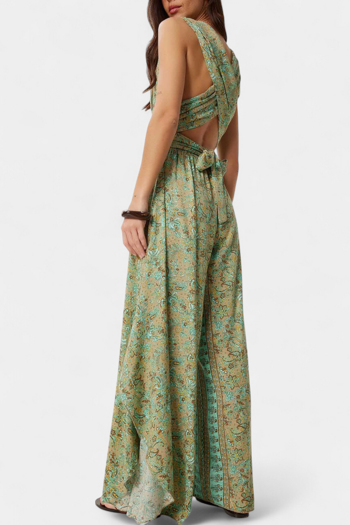 Leandra Floral Wrap Jumpsuit with Open Back Design