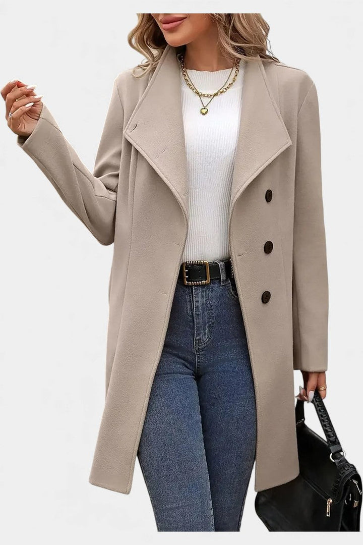 Yuliana Long Button-Up Coat with Waist Tie