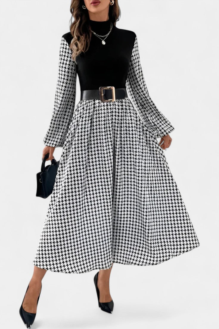 Lauriane High-Collar Midi Flared Dress in Houndstooth Print
