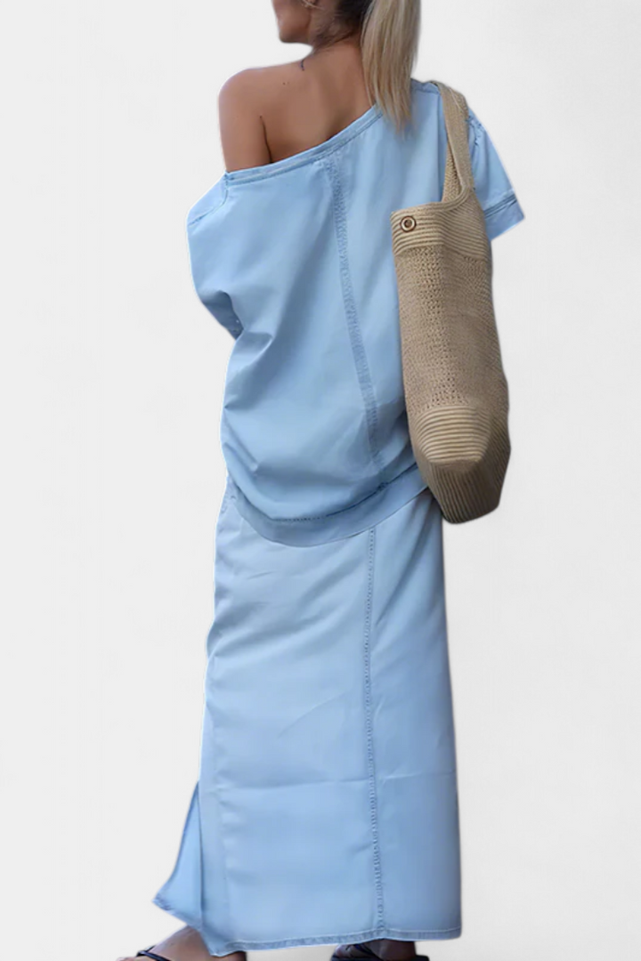 Apolonia Asymmetrical Denim Set with Long Skirt