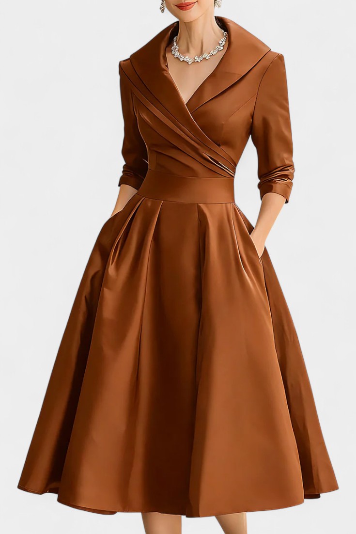 Solid Color Nixie Midi Dress with V-Neck and A-Line Silhouette
