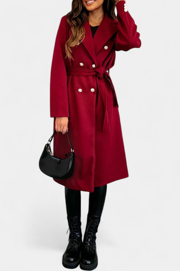 Miguelle Double-Breasted Coat Featuring a Tie Belt