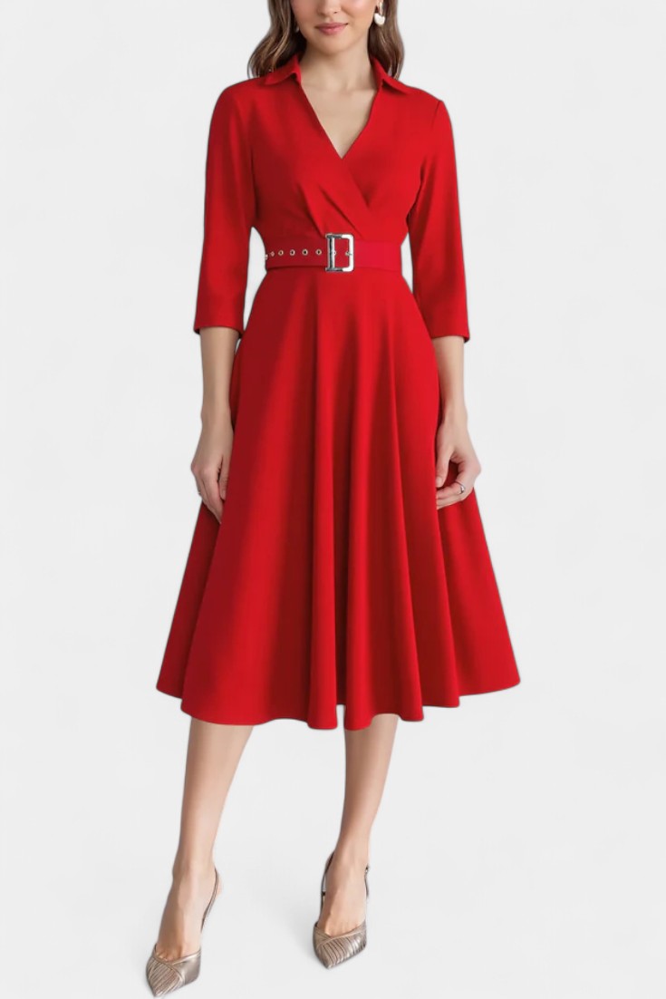 Constance Tailored Collar Midi Dress with 3/4 Sleeves and Belt