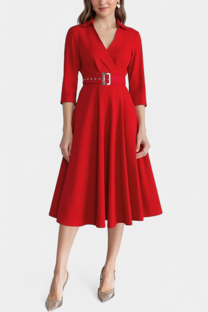 Constance Tailored Collar Midi Dress with 3/4 Sleeves and Belt