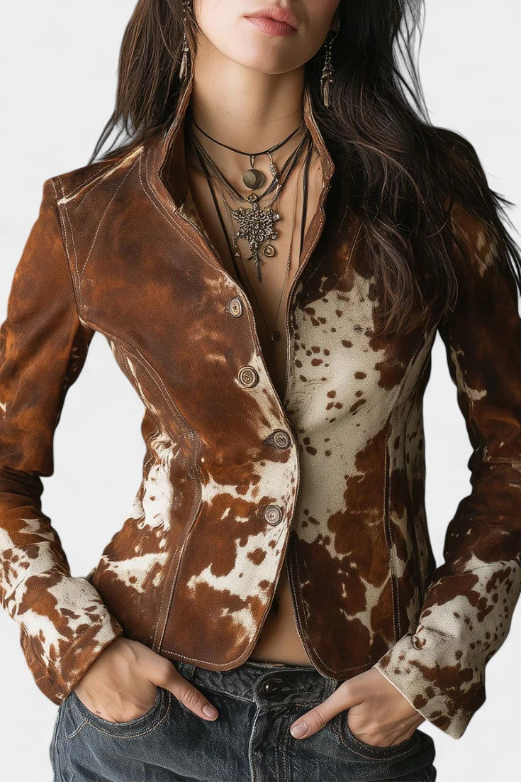 Ophira Cow Print Suede Slim Jacket with Vintage High Collar