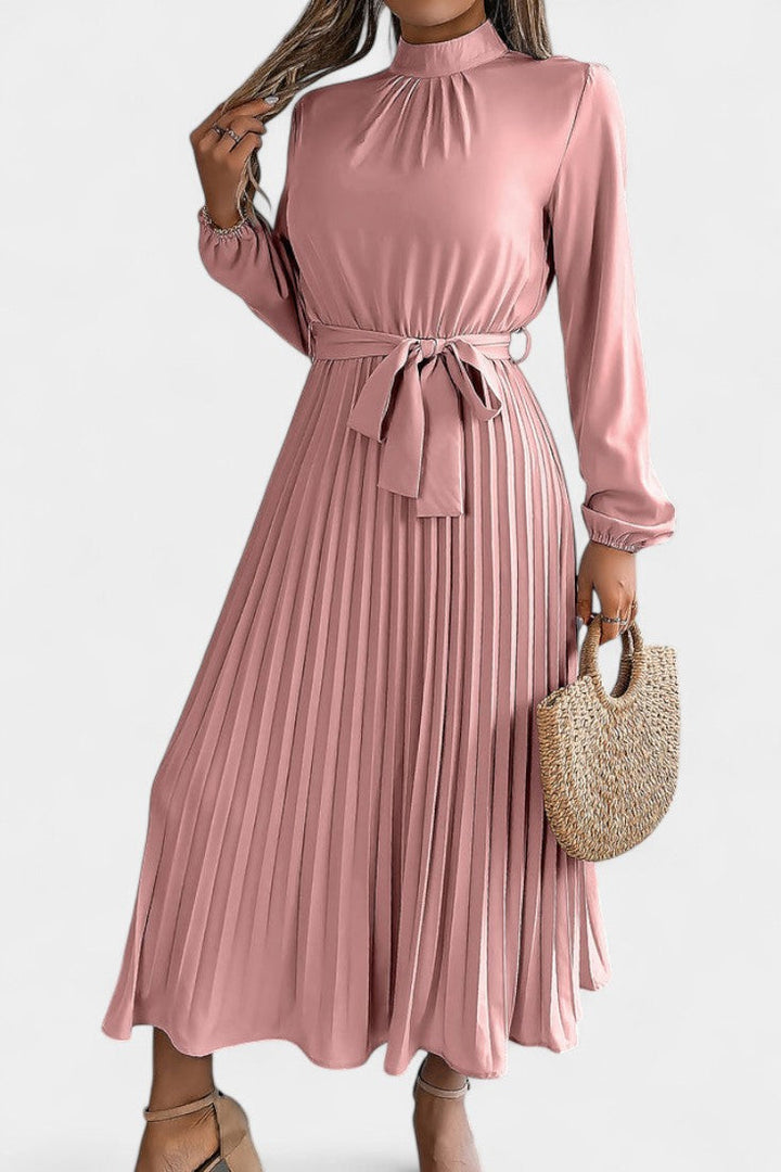 Morgane Pleated Dress featuring a High Ruffled Collar and Tied Waist