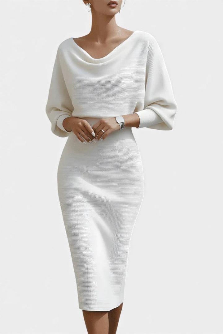 Marjolaine Midi Dress with Batwing Sleeves and Draped Design