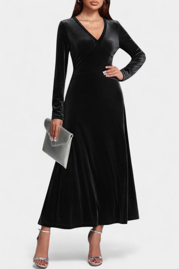 Alizée V-Neck Long Velvet Dress with Flared Silhouette