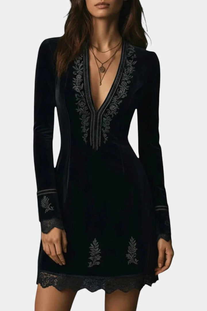 Pharélia Velvet Dress with Embroidery and Deep V-Neck