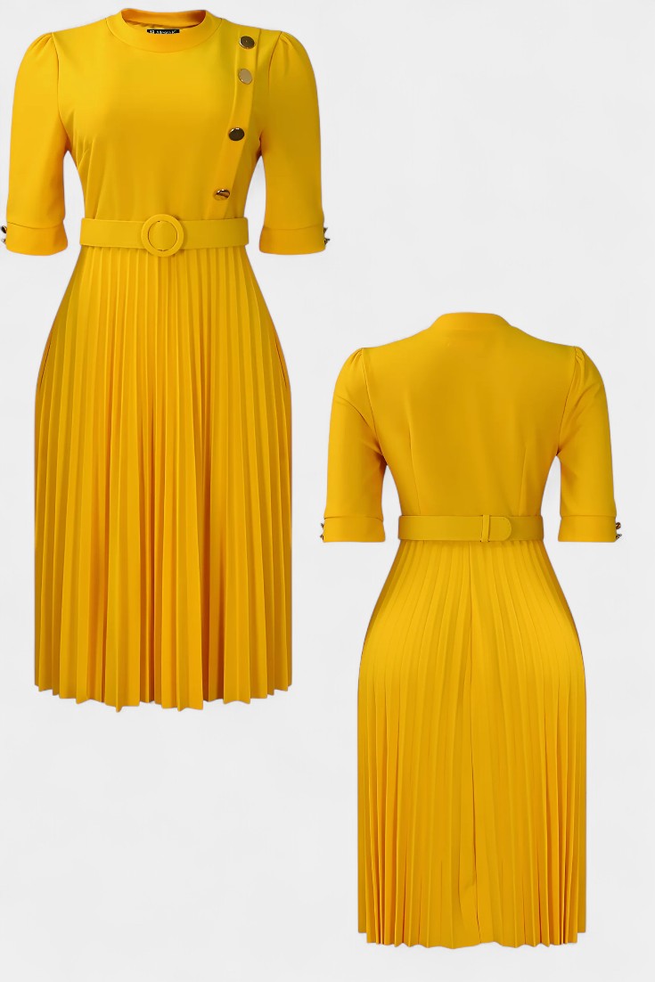 Zandie Chic Pleated Dress Featuring Stylish Decorative Buttons