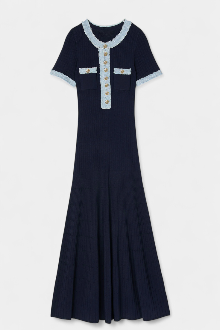 Alexia Knit Polo Dress with Open Collar and Button Accents