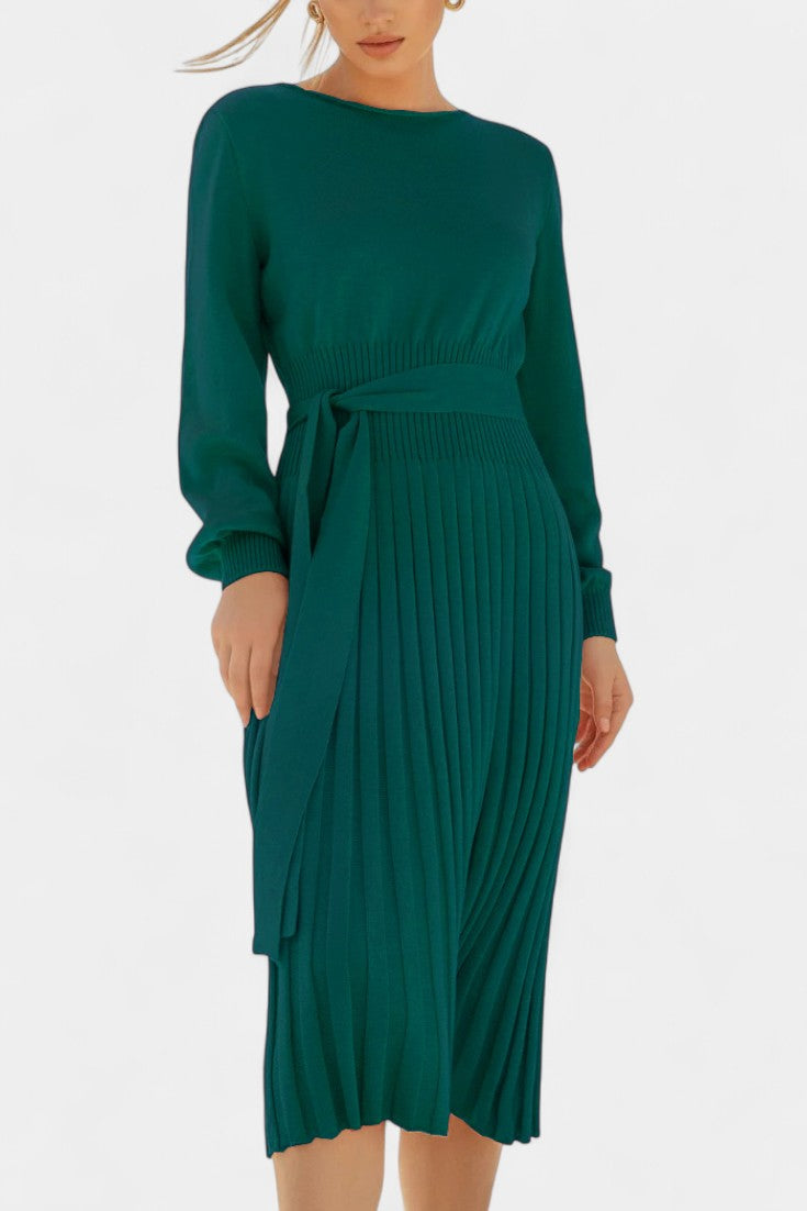 Chloéria Belted Midi Dress with Pleats and Ribbed Knit