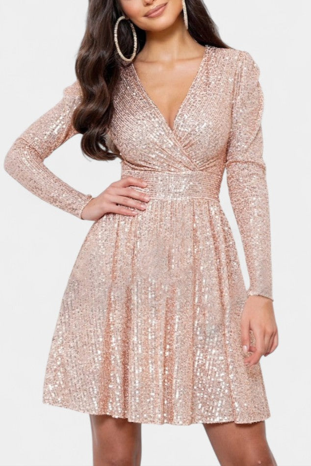 Thaïs V-Neck Long Sequin Dress with Elegant Long Sleeves