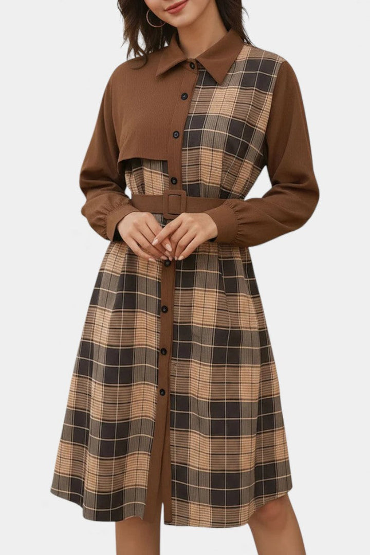 Naïla Checkered Shirt Dress with Belt - Mid-Length Style