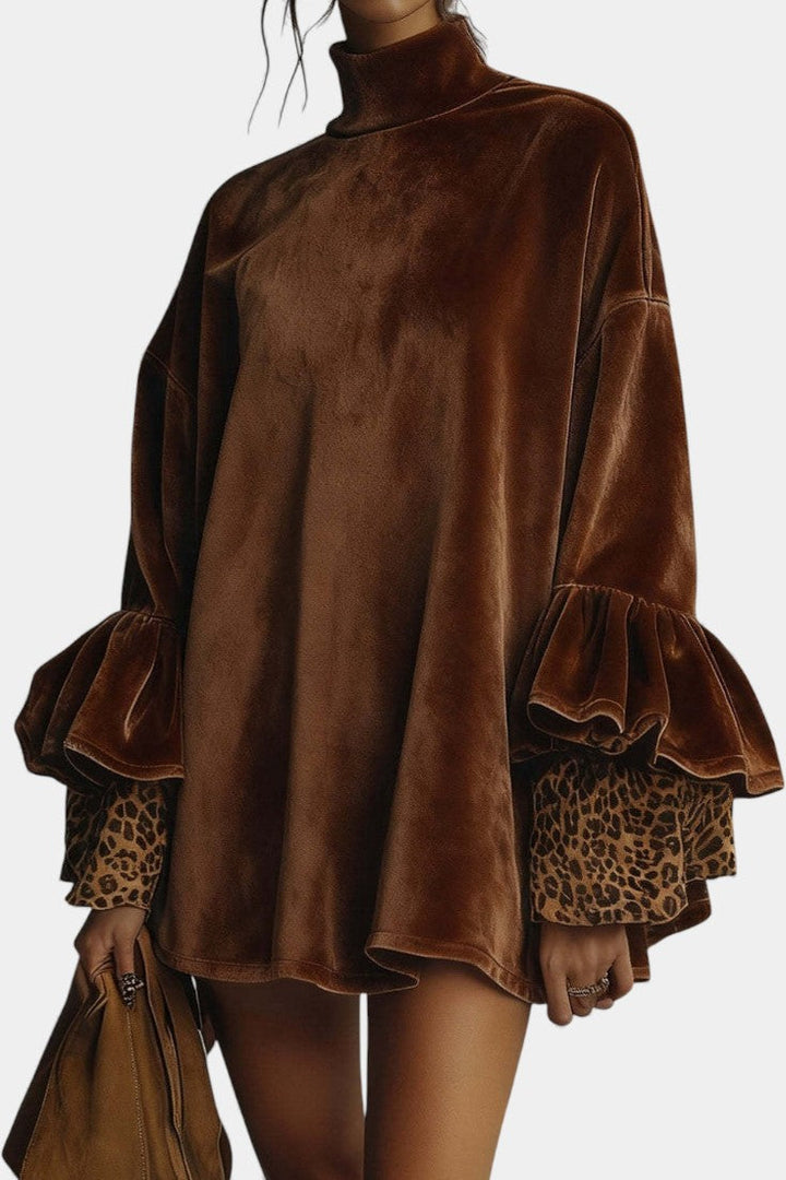 Brisélie Mini Velvet Dress Featuring Ruffled Leopard Sleeves