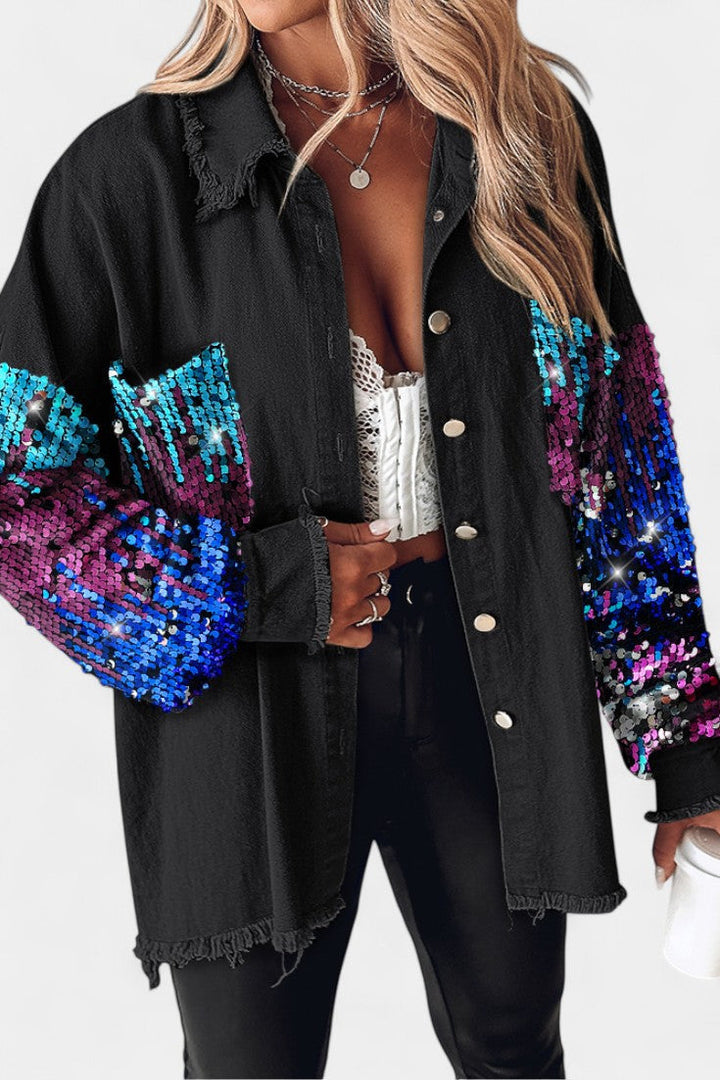 Birgit Oversized Jean Jacket with Frayed Hem and Sequin Accents