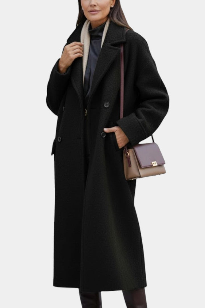Camile Oversized Long Double-Breasted Coat with Notched Collar