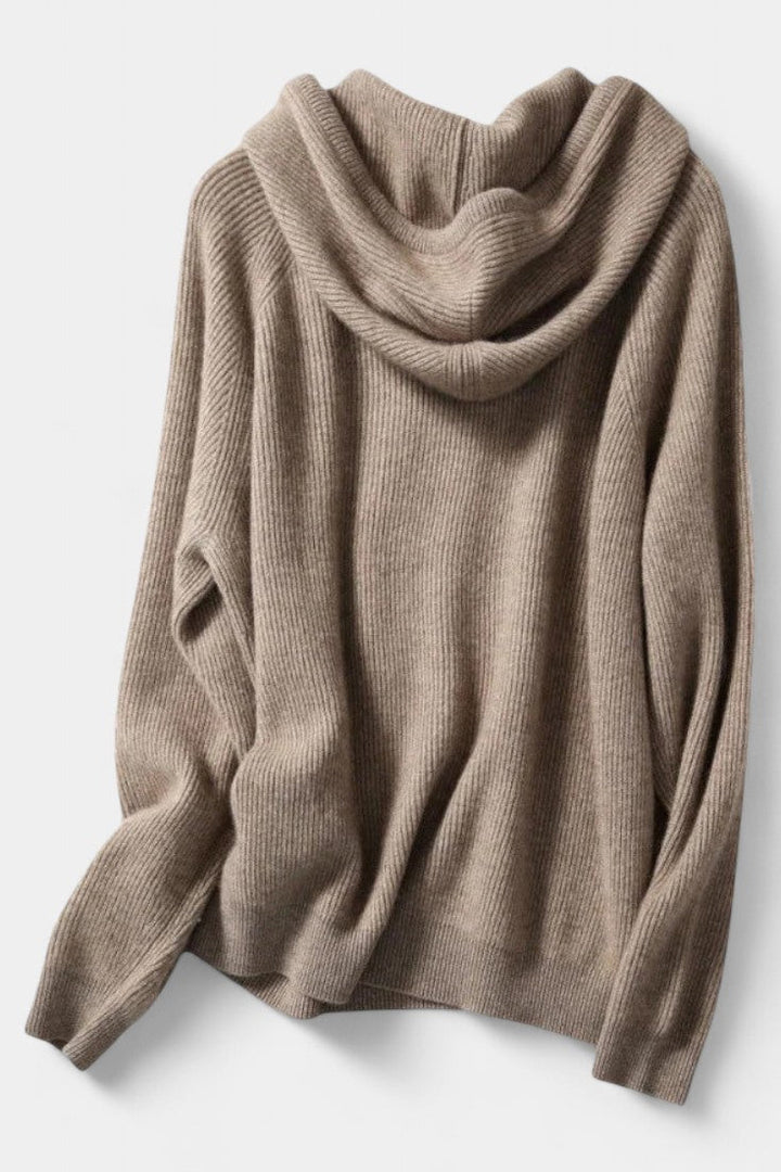 Agnella Hip-Length Ribbed Hoodie Sweater with Drawstrings