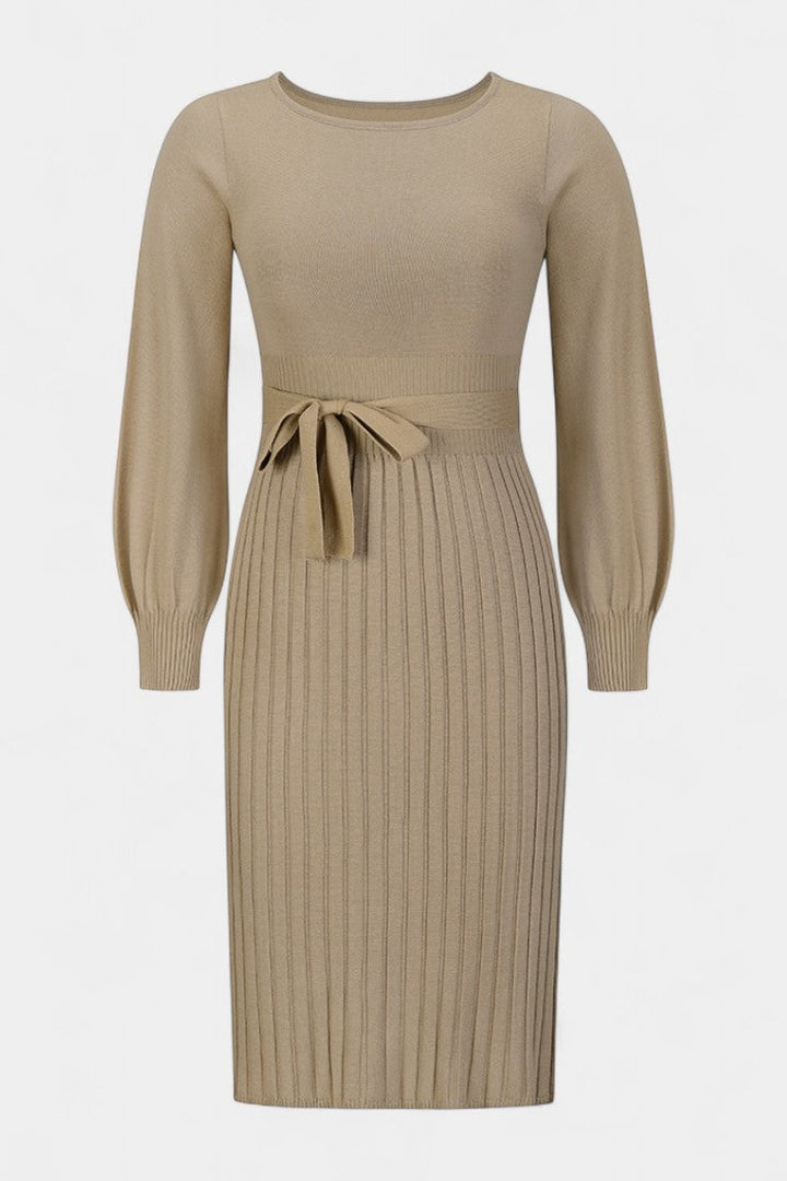 Chloéria Belted Midi Dress with Pleated Design and Ribbed Knit