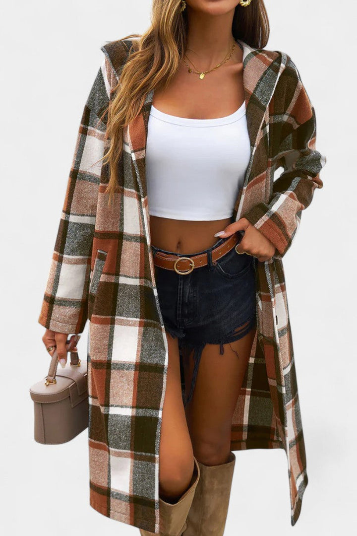 Sandrine Plaid Hooded Jacket with Brushed Texture and Button Closure