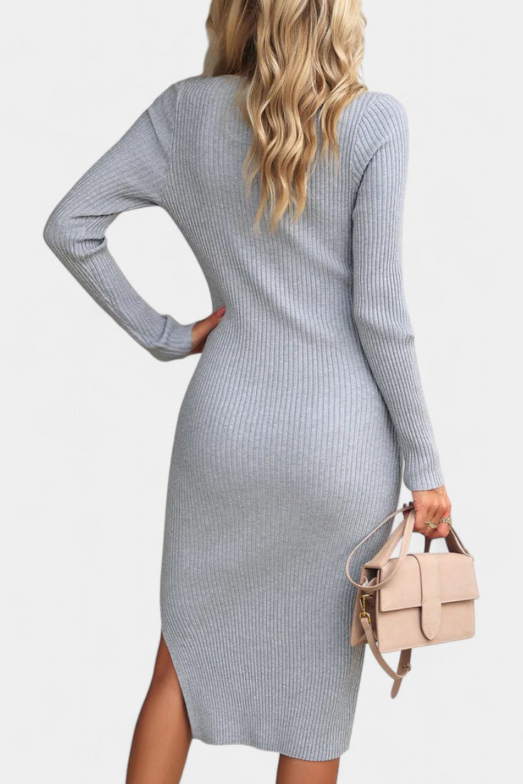 Élarine Fitted Midi Dress with Ribbed Texture and Side Slit
