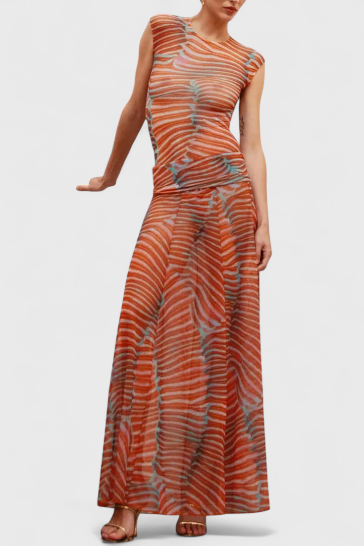 Silvina Set in Vibrant Psychedelic Wave Print with Flowing Midi Skirt