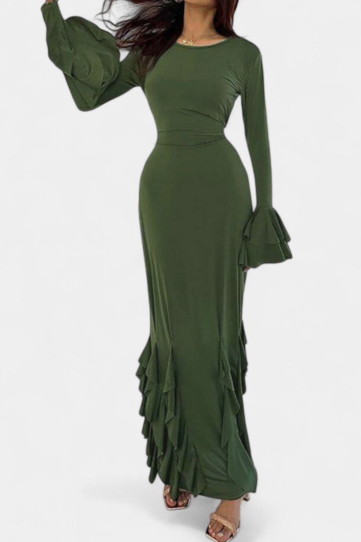 Calissa Long Fitted Dress Featuring Flared Sleeves and Flowing Ruffles