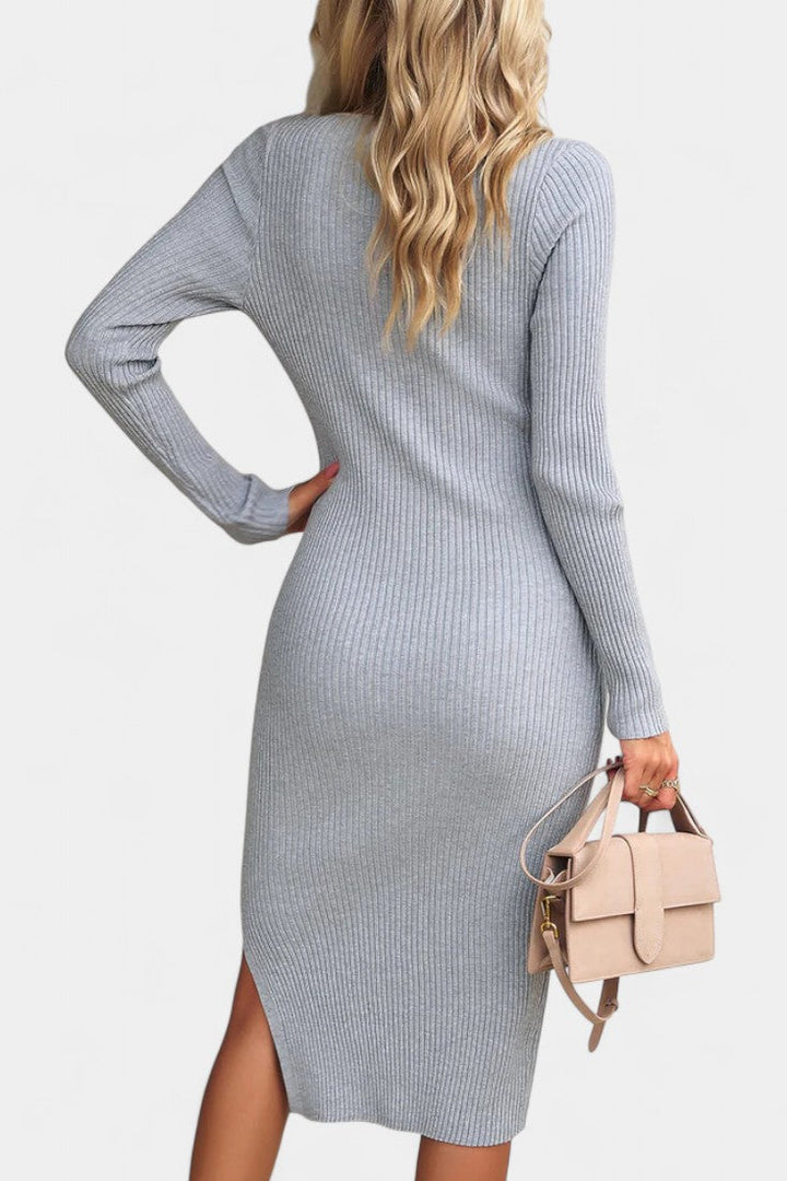 Élarine Fitted Ribbed Midi Sweater Dress with Side Slit