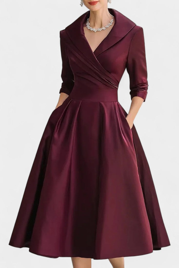 Solid Color Nixie Midi Dress with V-Neck and A-Line Silhouette