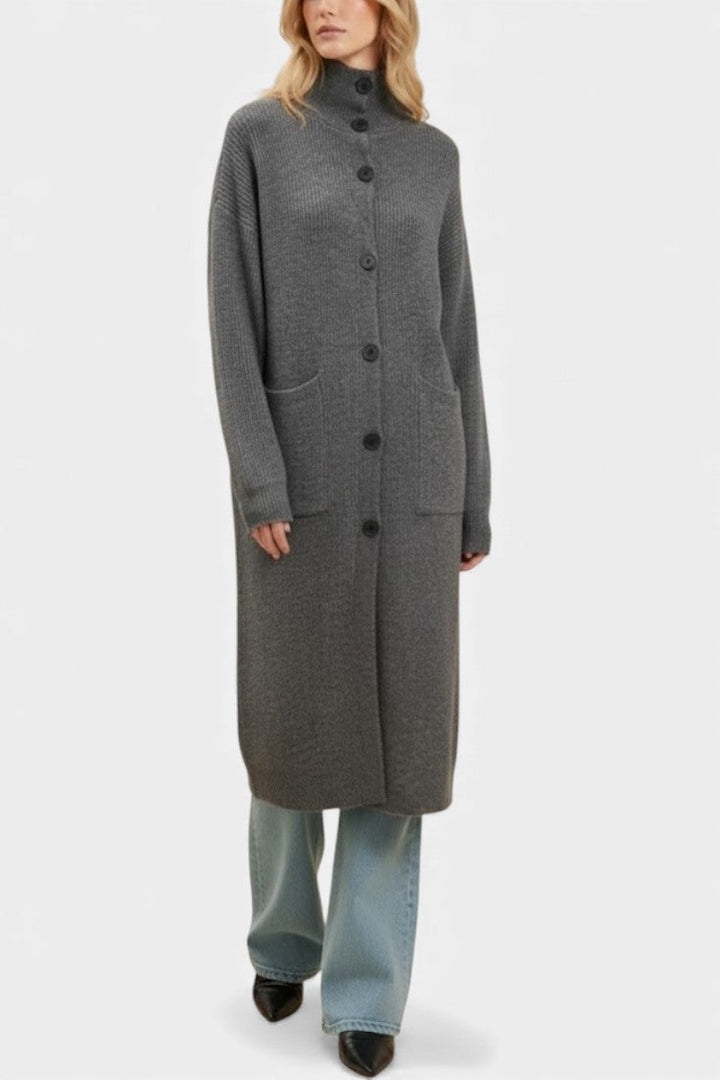 Clarisse Long Knit Coat Featuring a Cozy Turtleneck and Button Closure