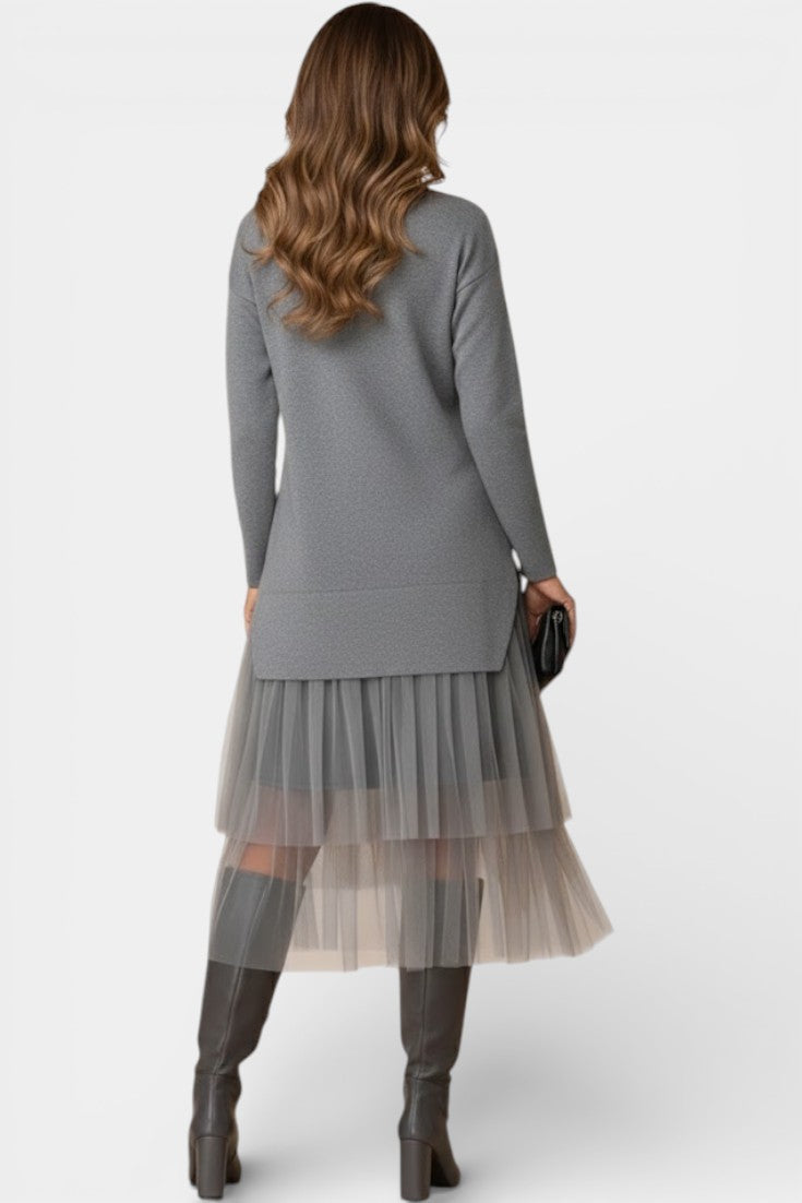 High Collar Fiorenza Knit and Tulle Dress
