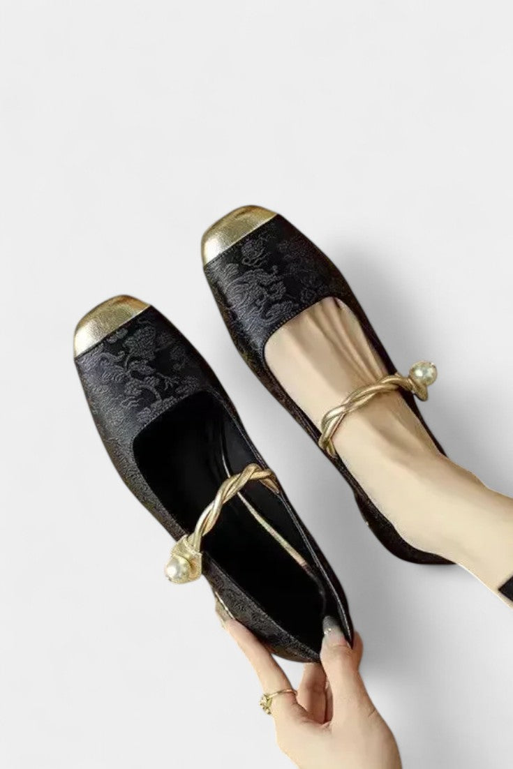 Mestelle Patent Leather Mary Janes with Square Heels and Beaded Accents