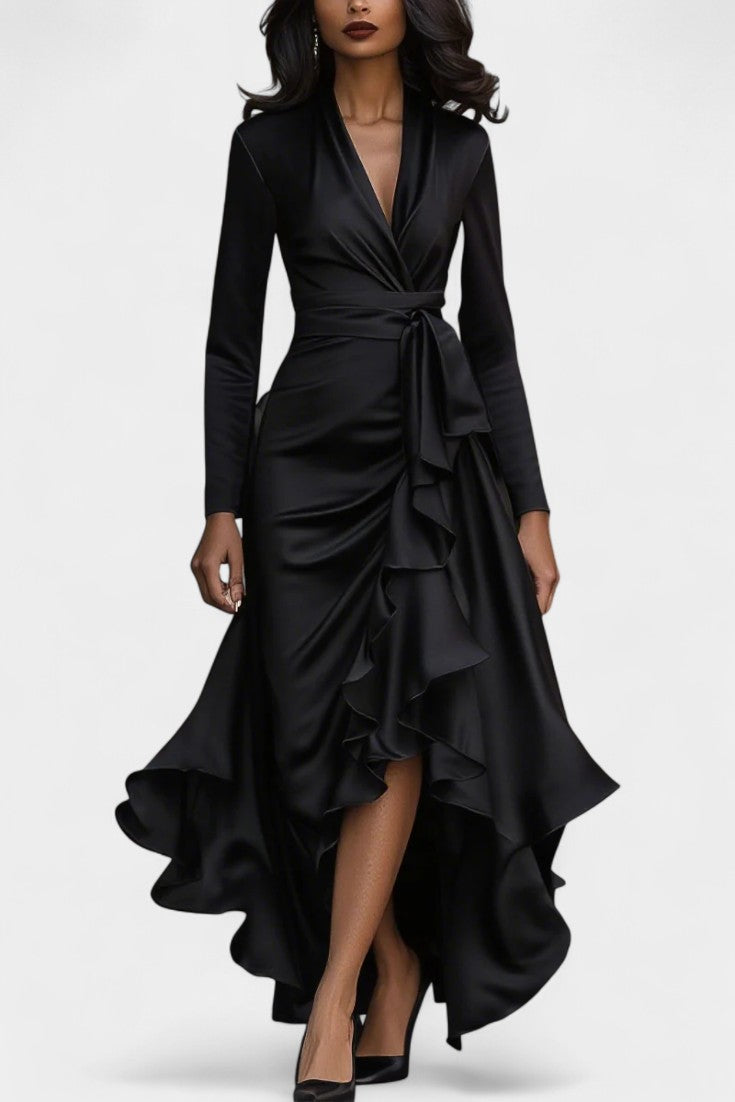 Isabeau Satin Dress featuring Ruffled Hem and Adjustable Belt